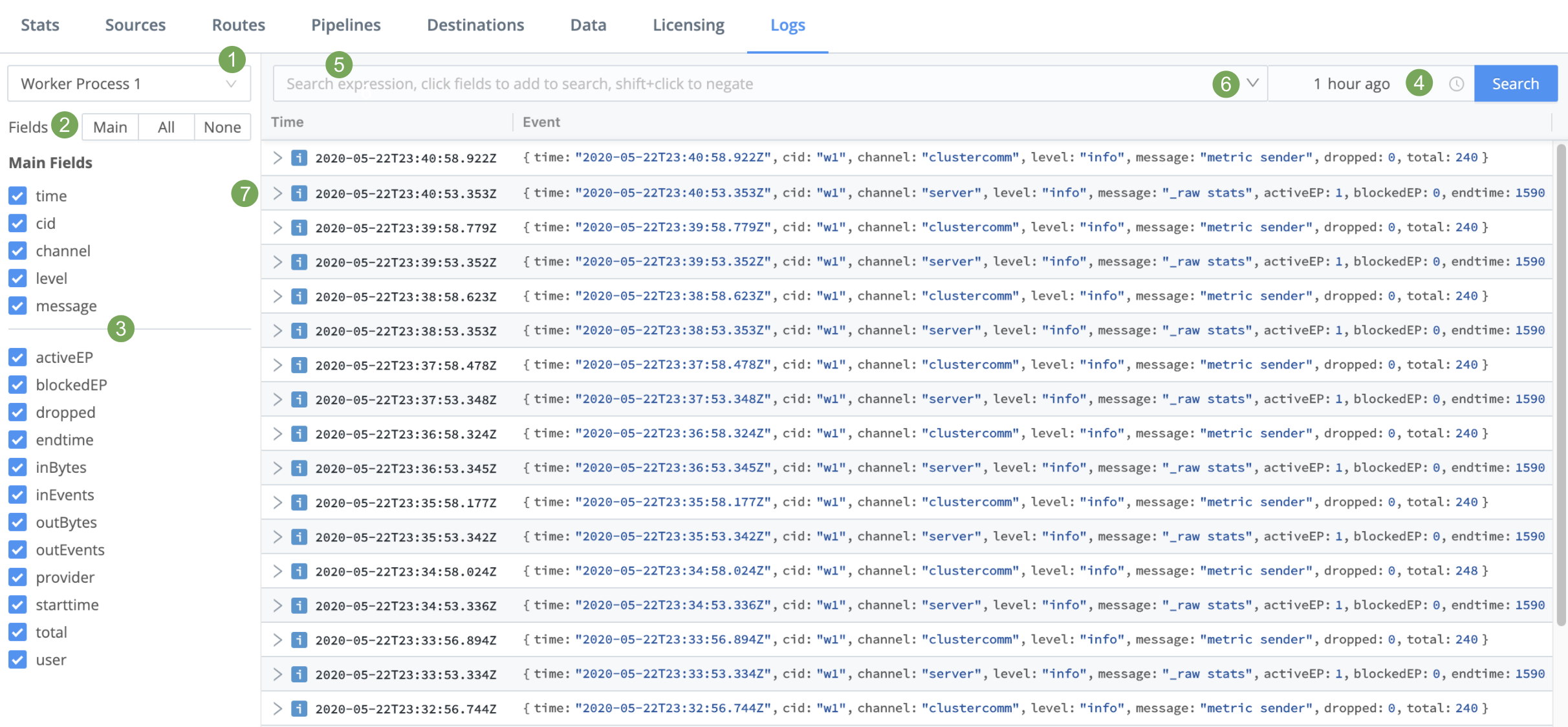 Logs page (controls highlighted)