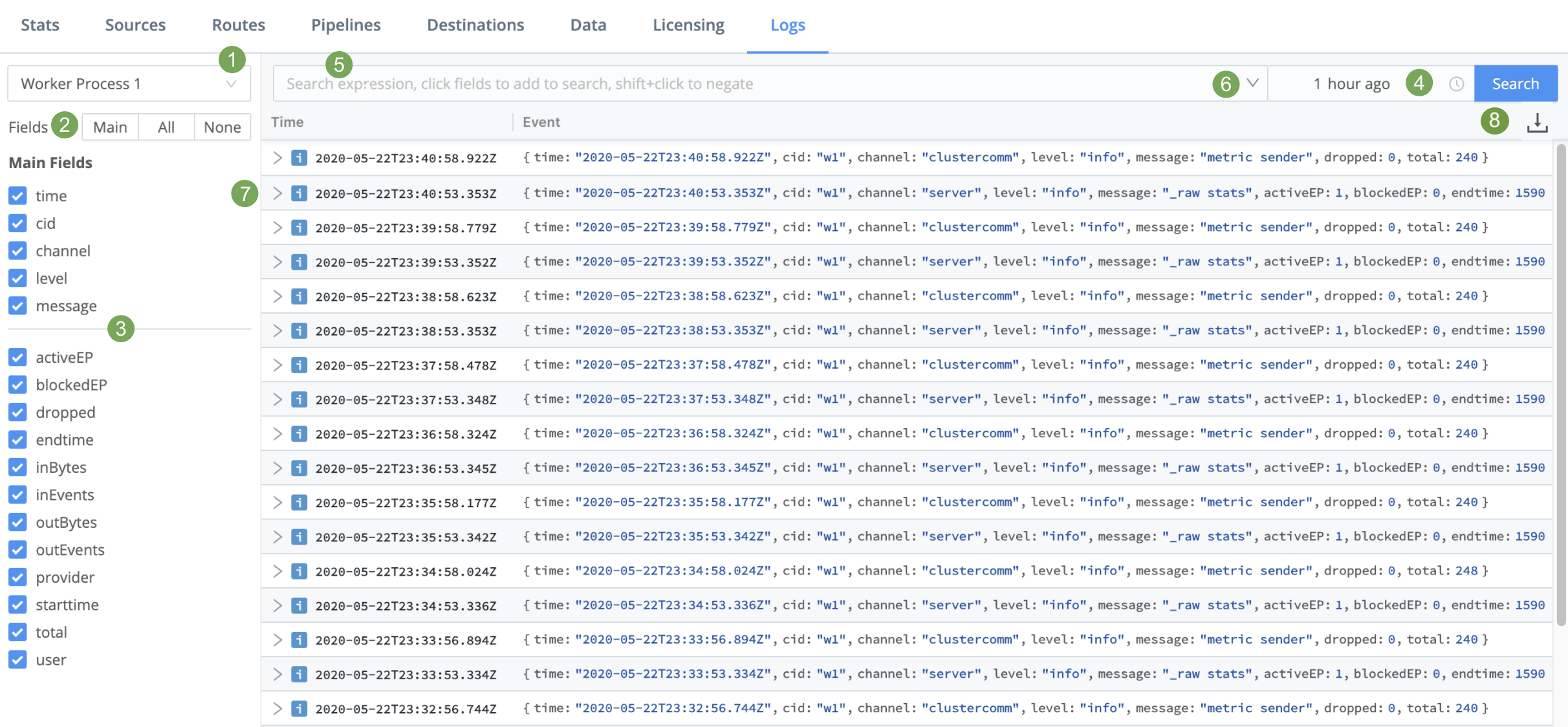 Logs page (controls highlighted)