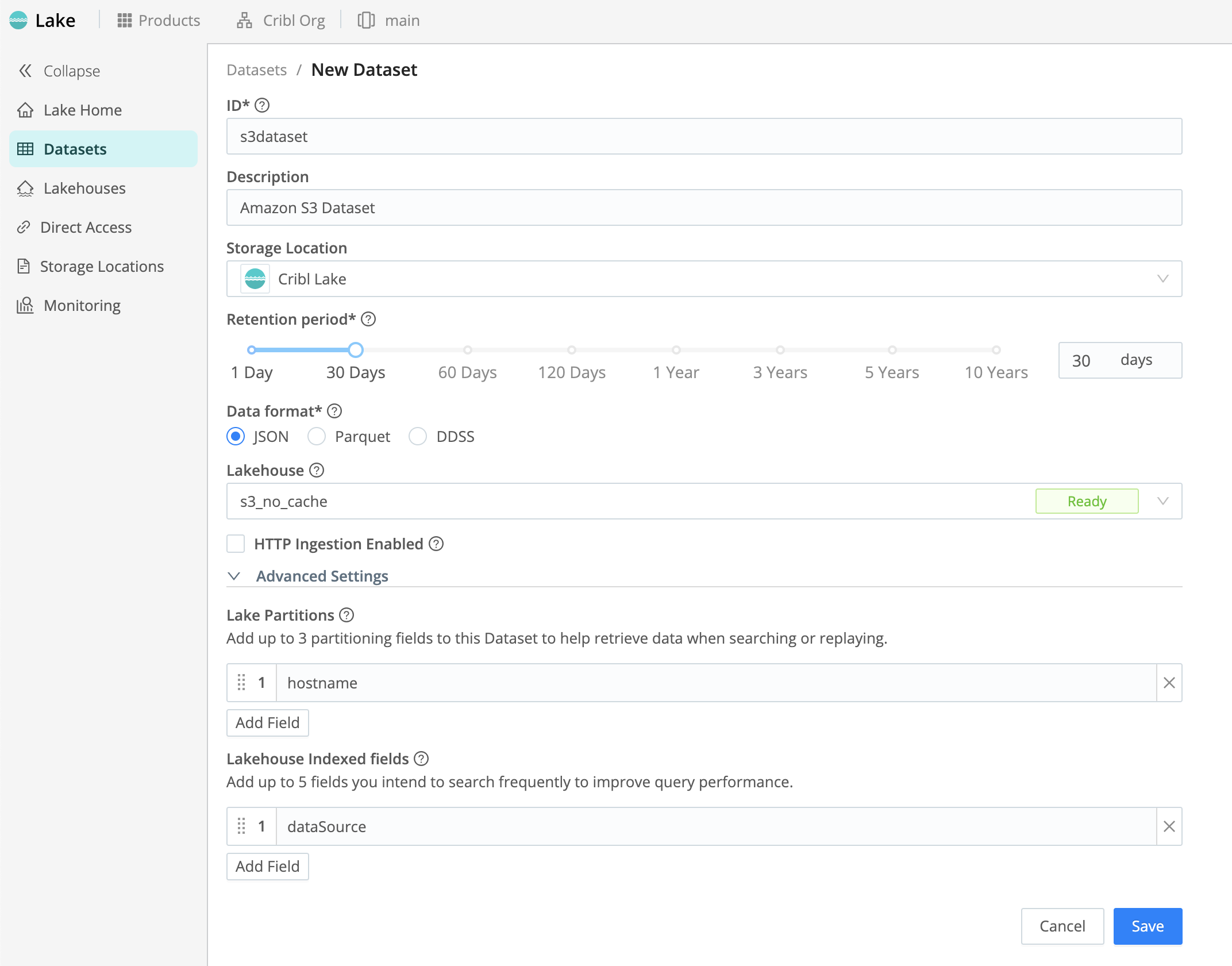 Adding Lake Datasets with the form filled in
