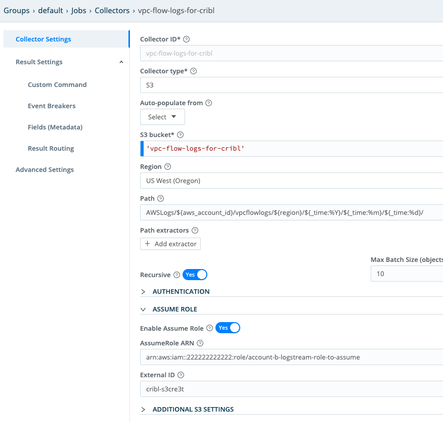 Cribl Stream Assume Role configuration