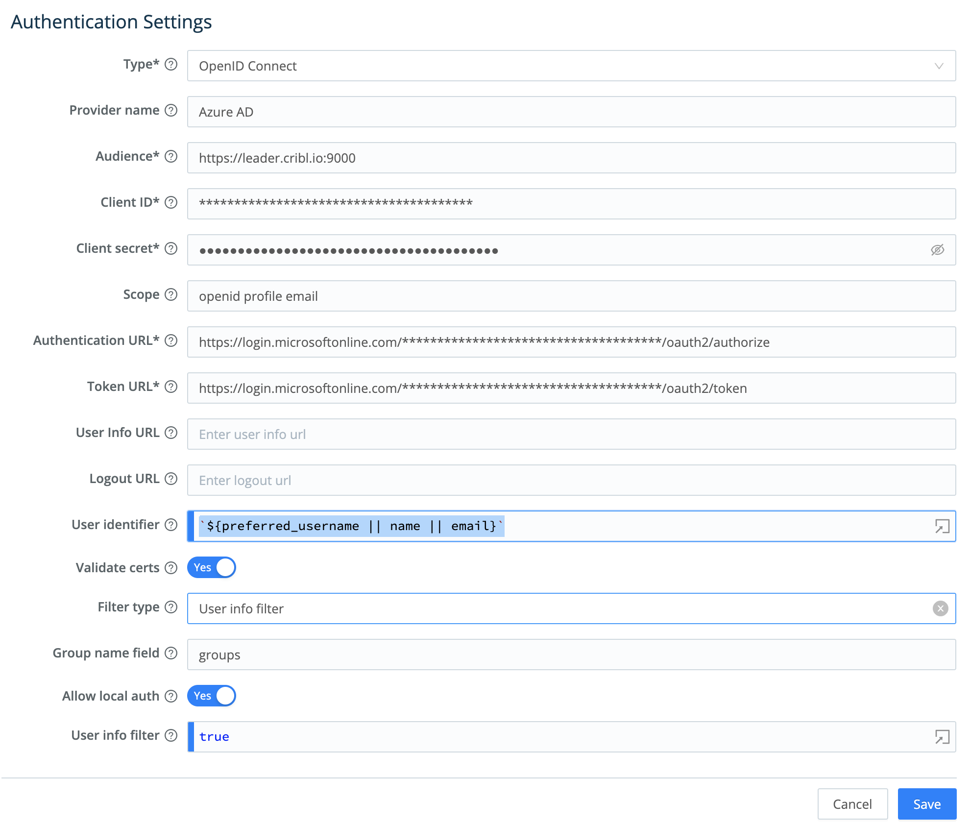 Sample Cribl Stream Authentication Settings for Azure AD (v2 endpoints)