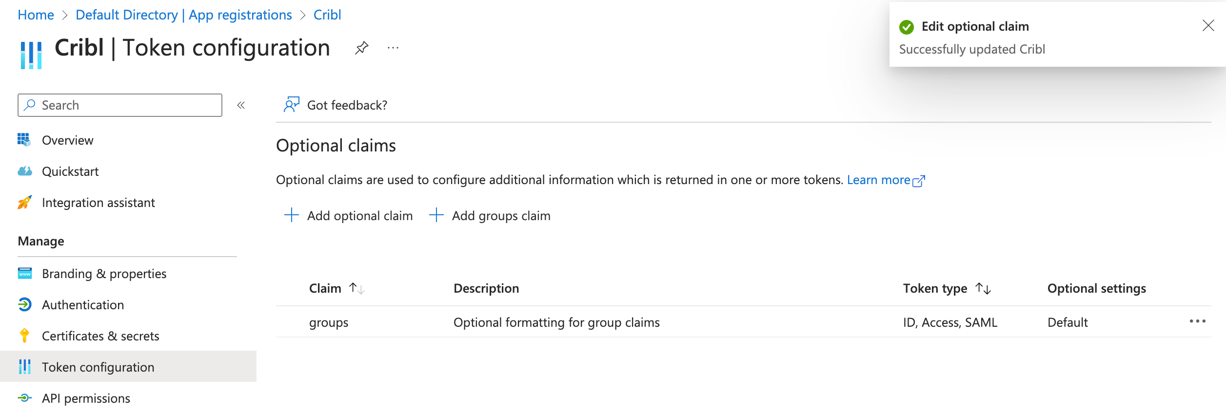 Microsoft Entra ID token configuration complete