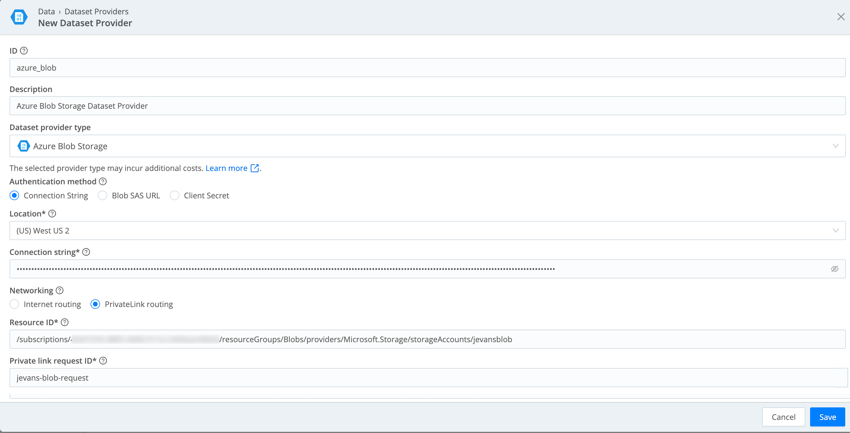 Azure Blob Storage Dataset Provider configuration