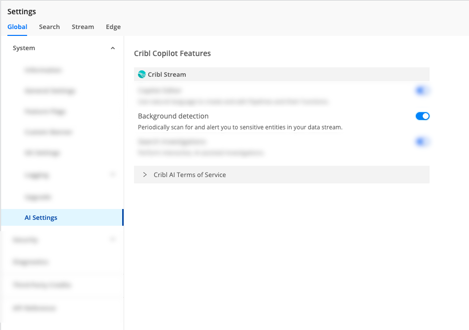 AI Settings with background detection toggle