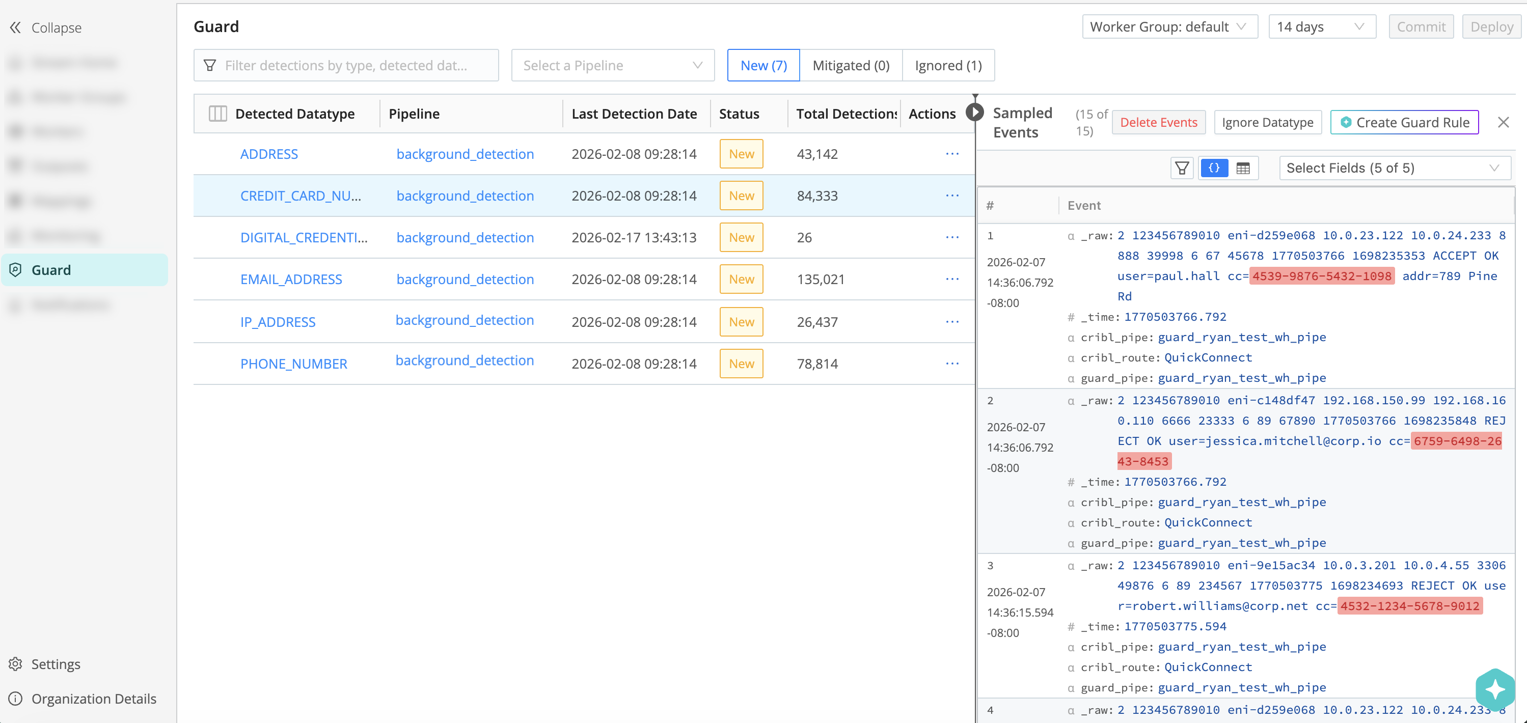 Events viewer with detection type and sampled events