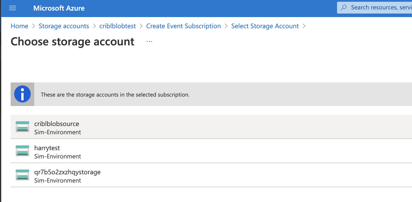 Choosing the storage account