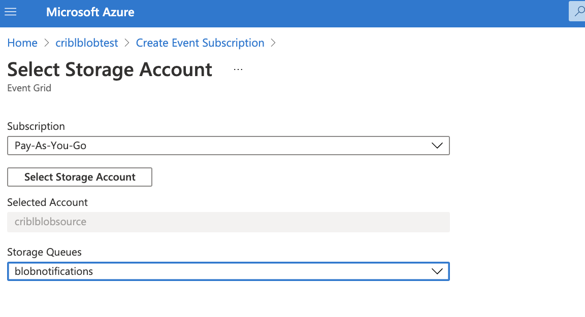 Selecting the storage account