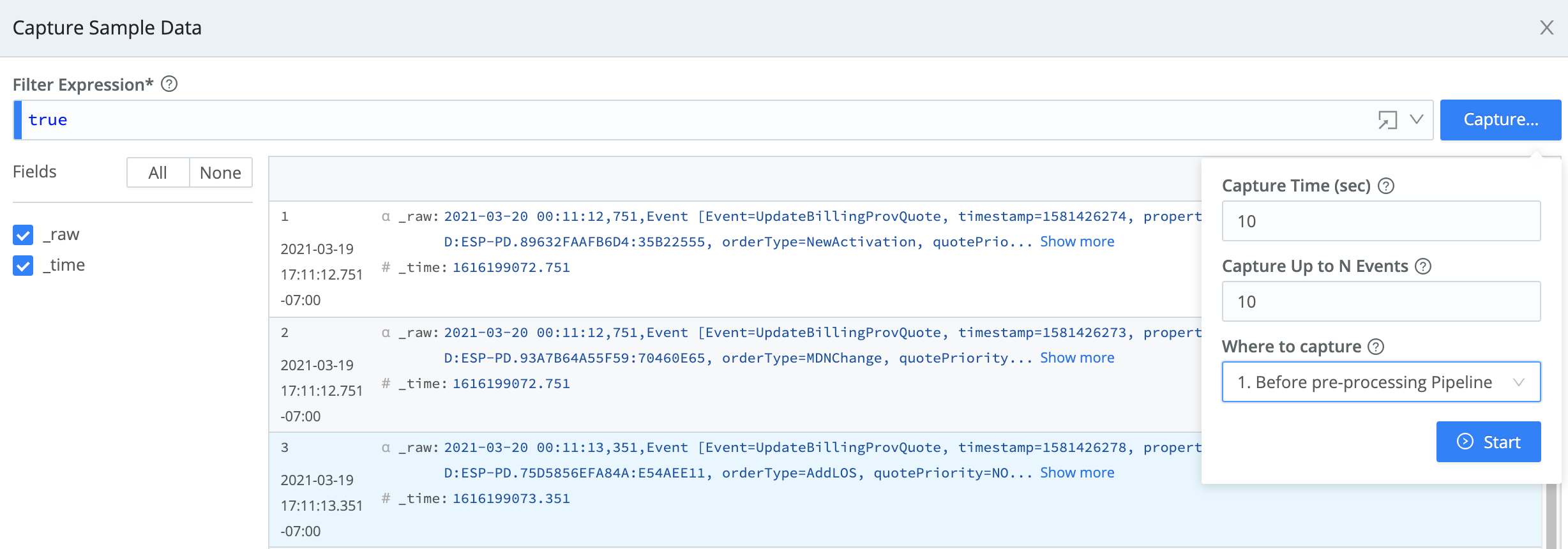 Capture Data > Capture Sample Data modal