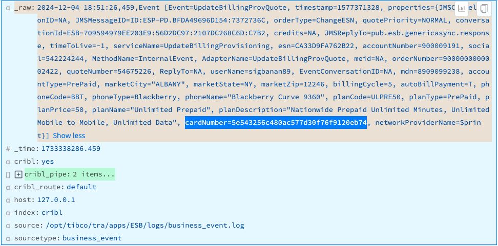 Event with hashed credit card numbers
