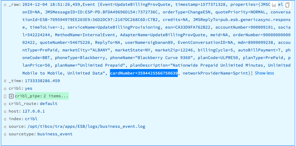 Event with unredacted credit card numbers