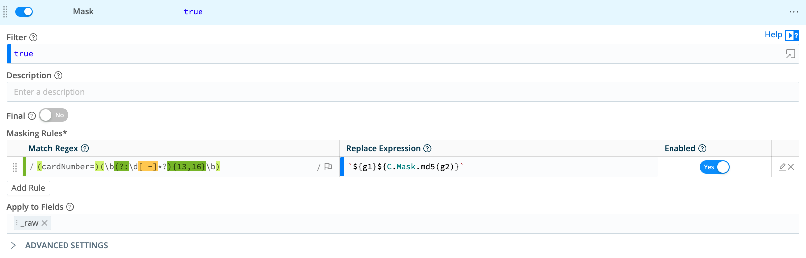Mask Function configuration for masking credit card numbers