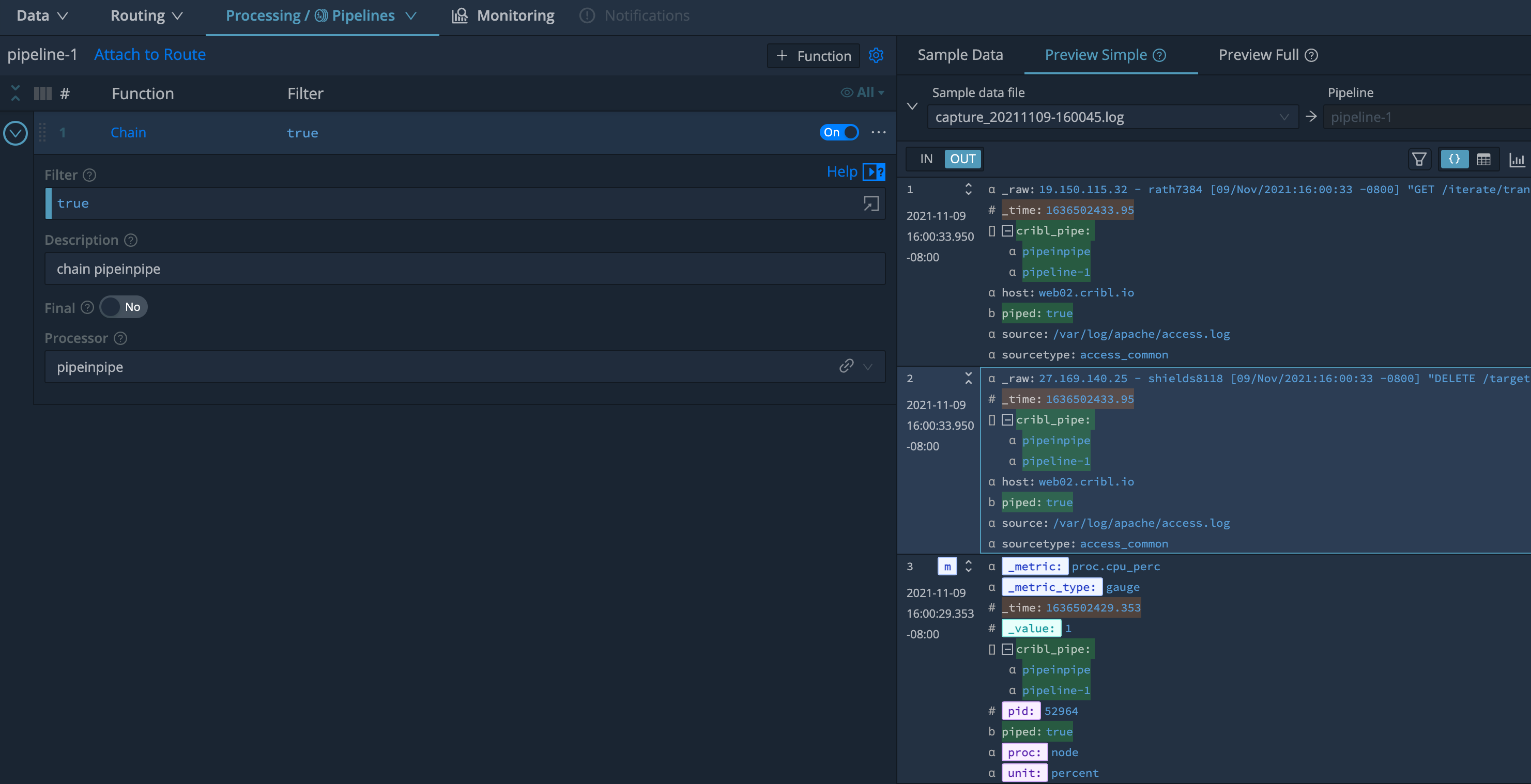 cribl_pipe field shows whole processing path