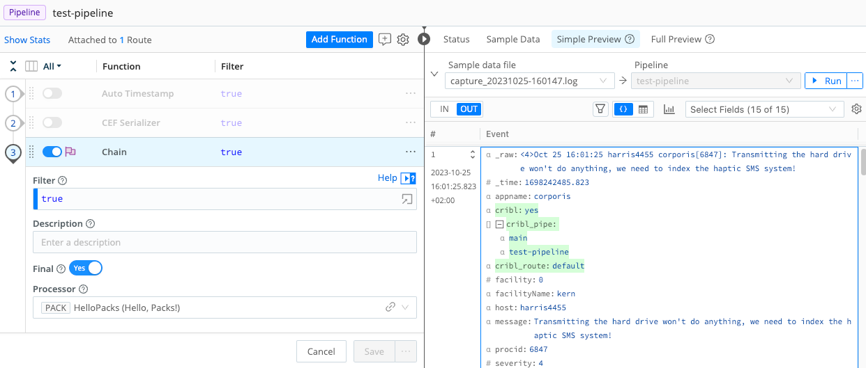 cribl_pipe field shows whole processing path