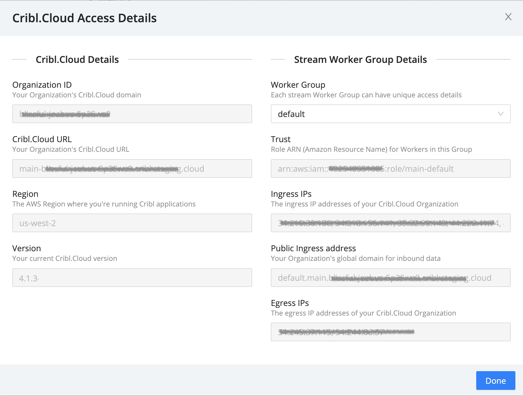 Access Details modal for a provisioned Group