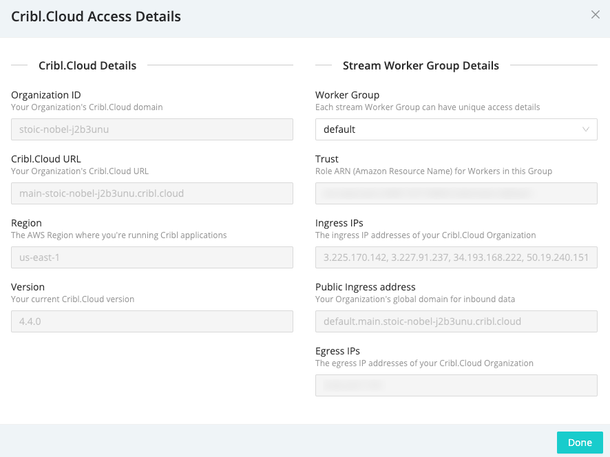 Access Details modal for a provisioned Group