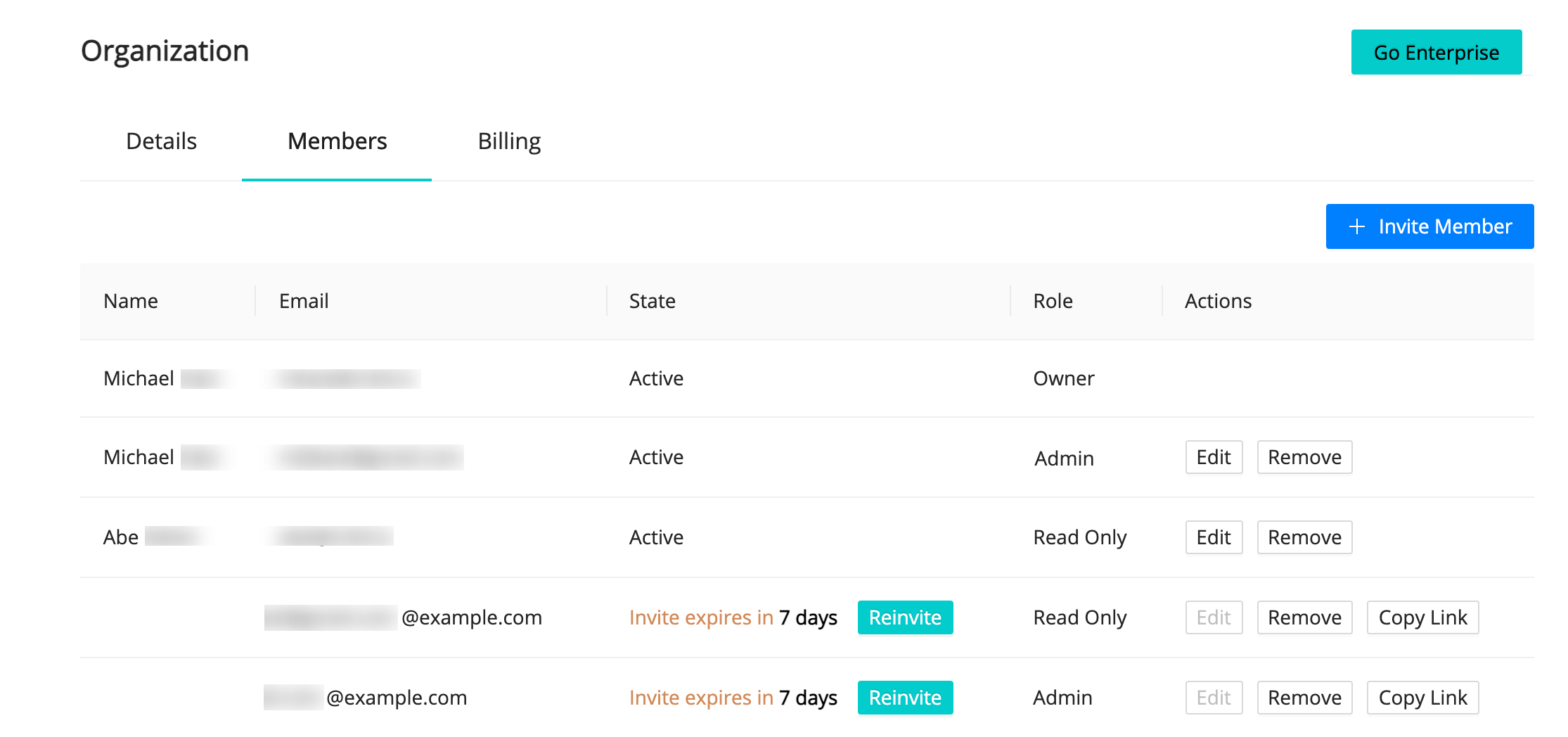 Organization > Members tab: Managing Invites and Members