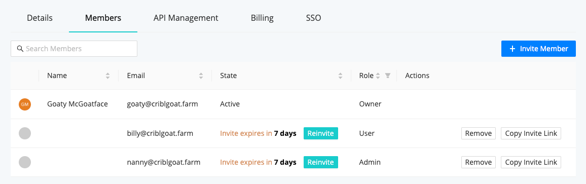 Organization > Members tab: Managing Invites and Members