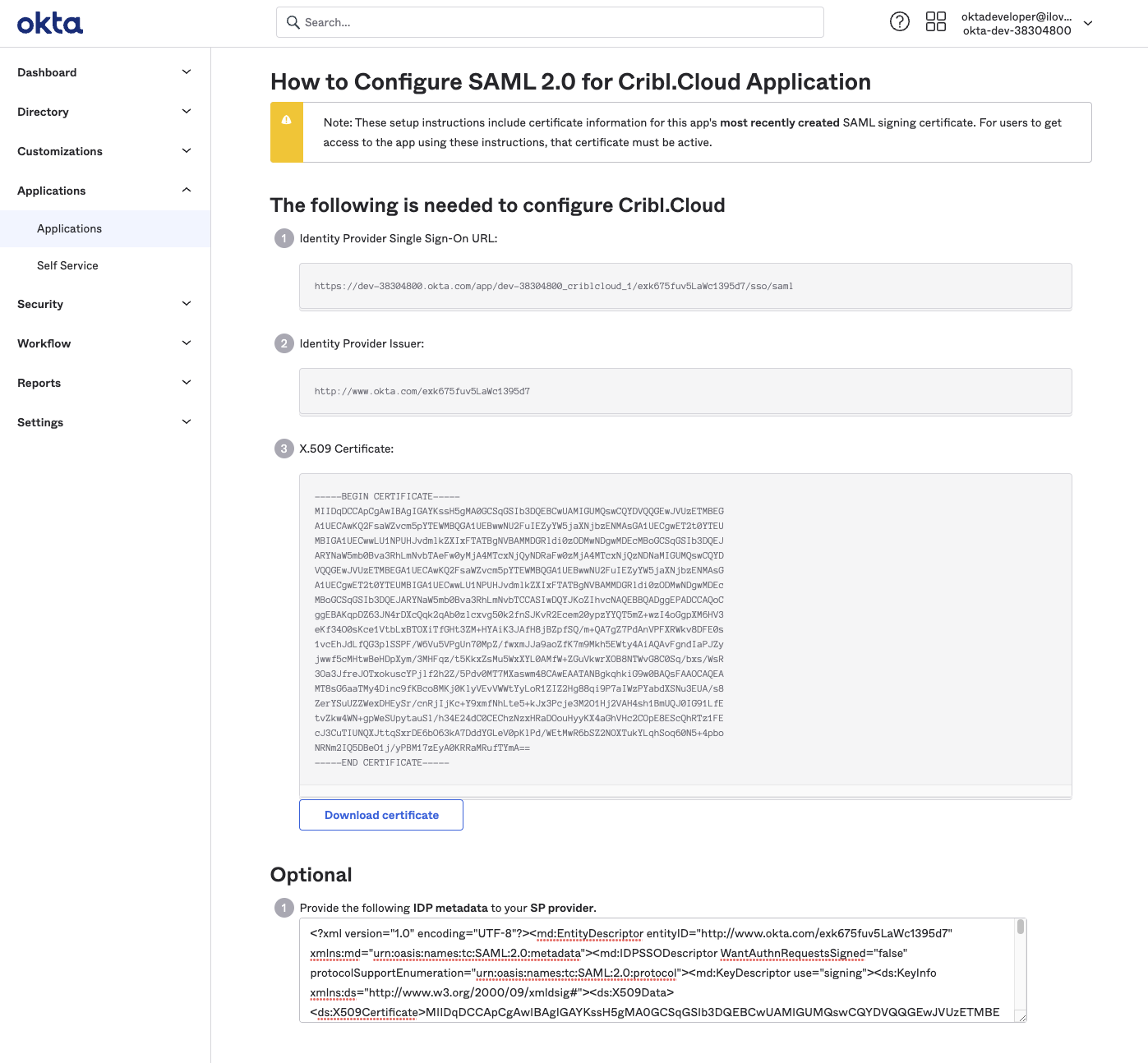 SAML metadata in Okta&rsquo;s UI