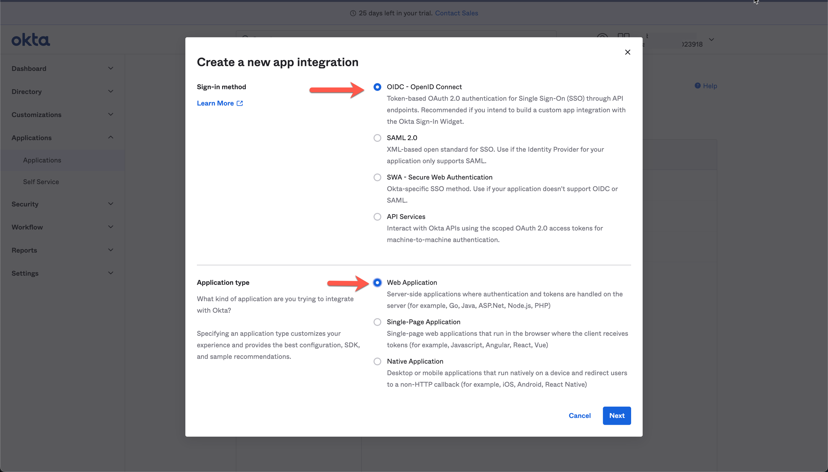 Configuring new Okta app integration