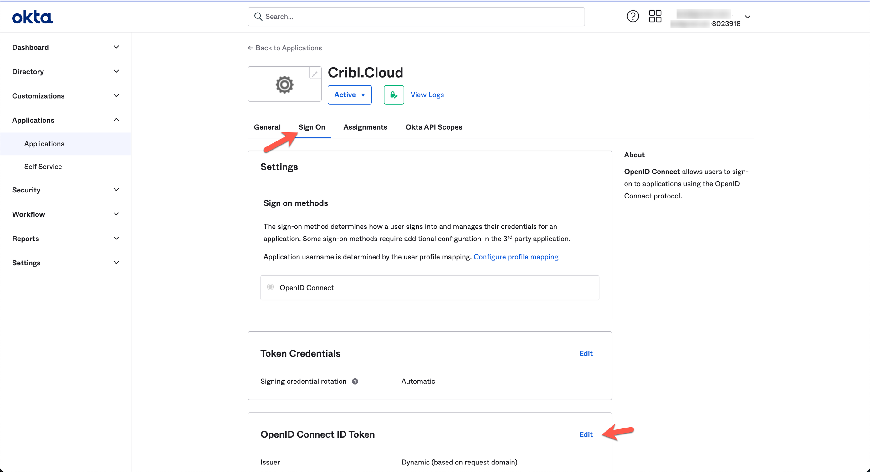 Sign-On tab&rsquo;s Settings/Tokens sections