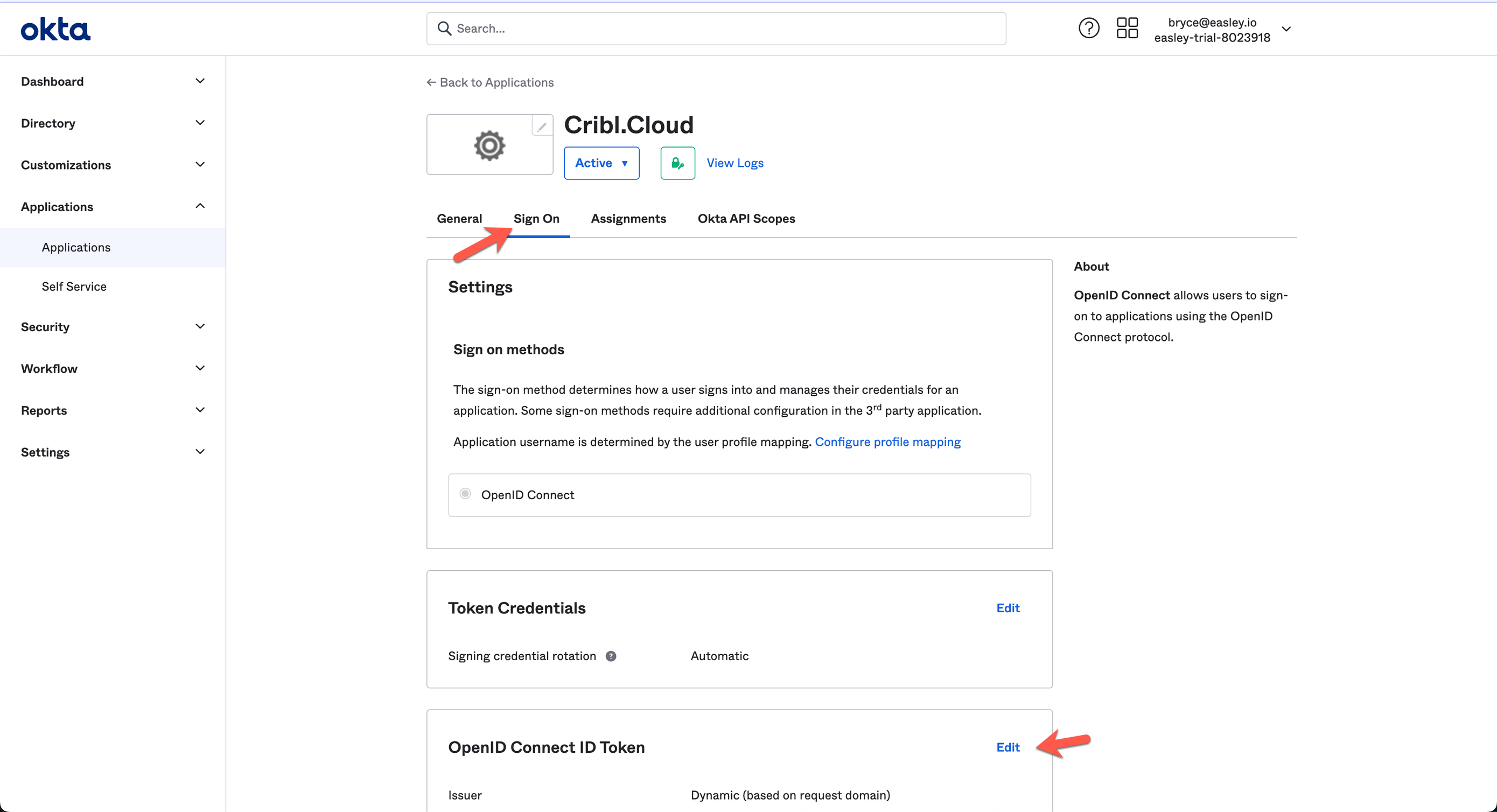 Sign-On tab&rsquo;s Settings/Tokens sections