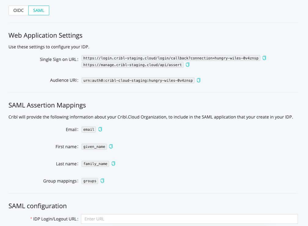SSO > SAML lower tab