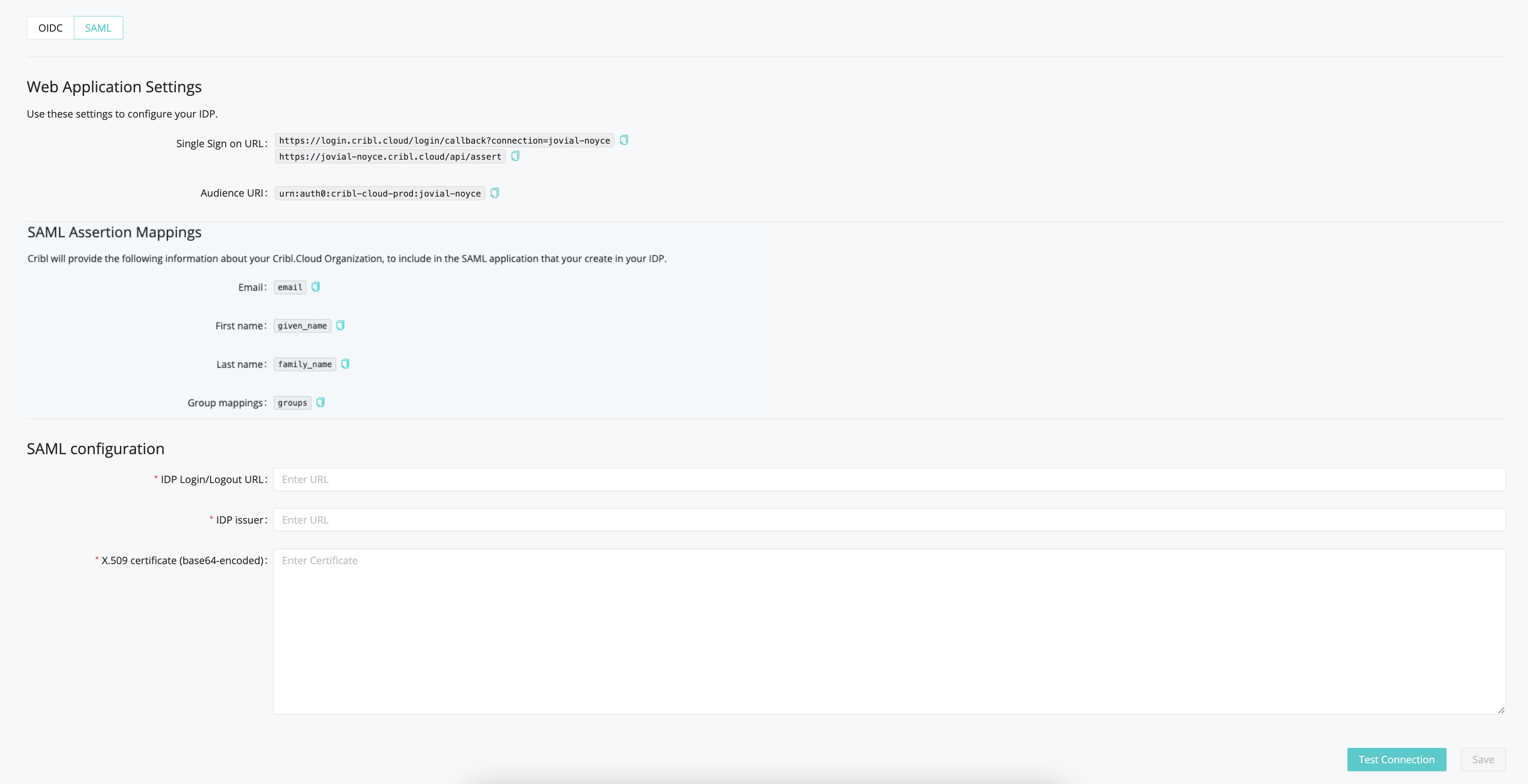 SSO > SAML lower tab