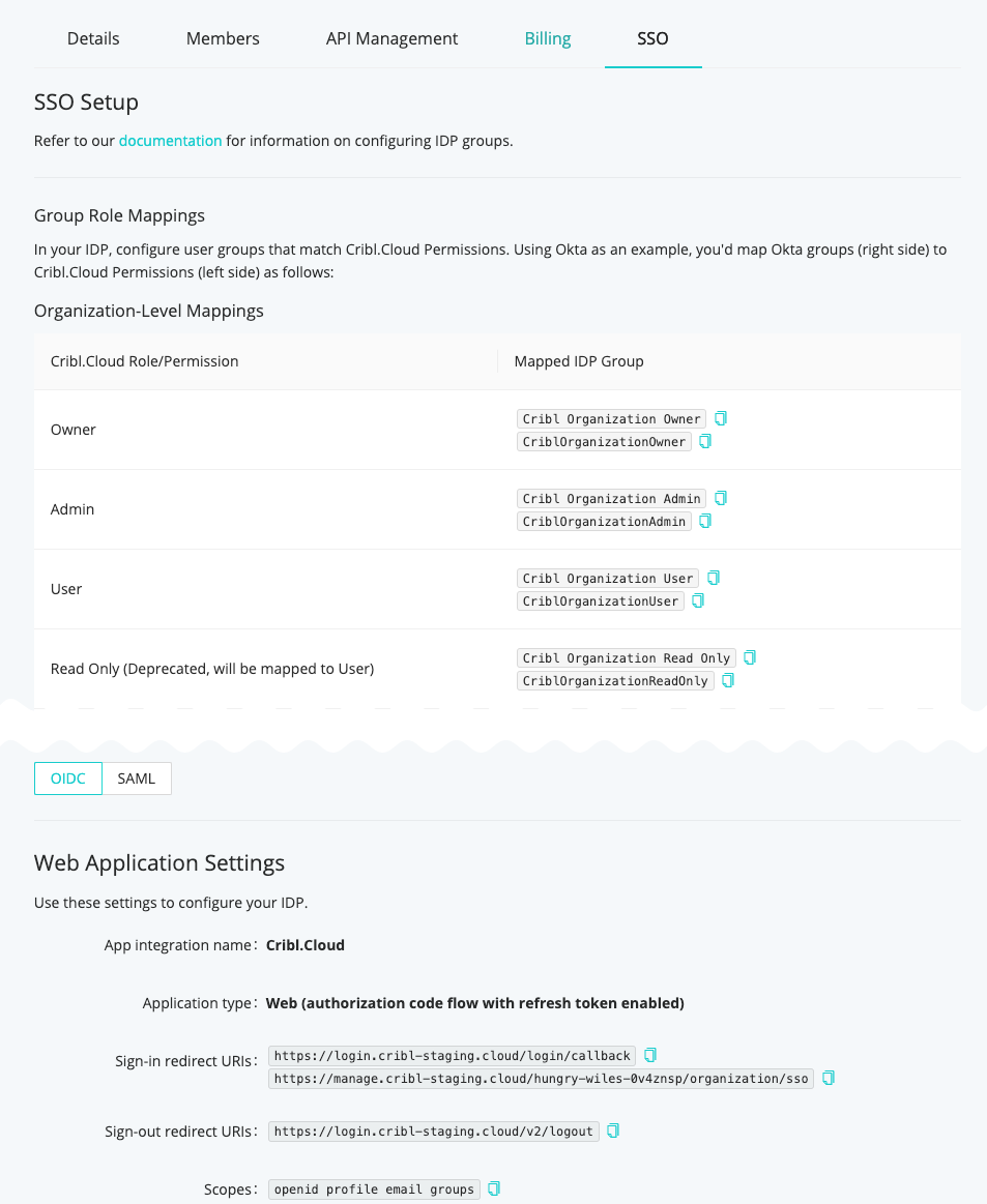 Organization page SSO tab