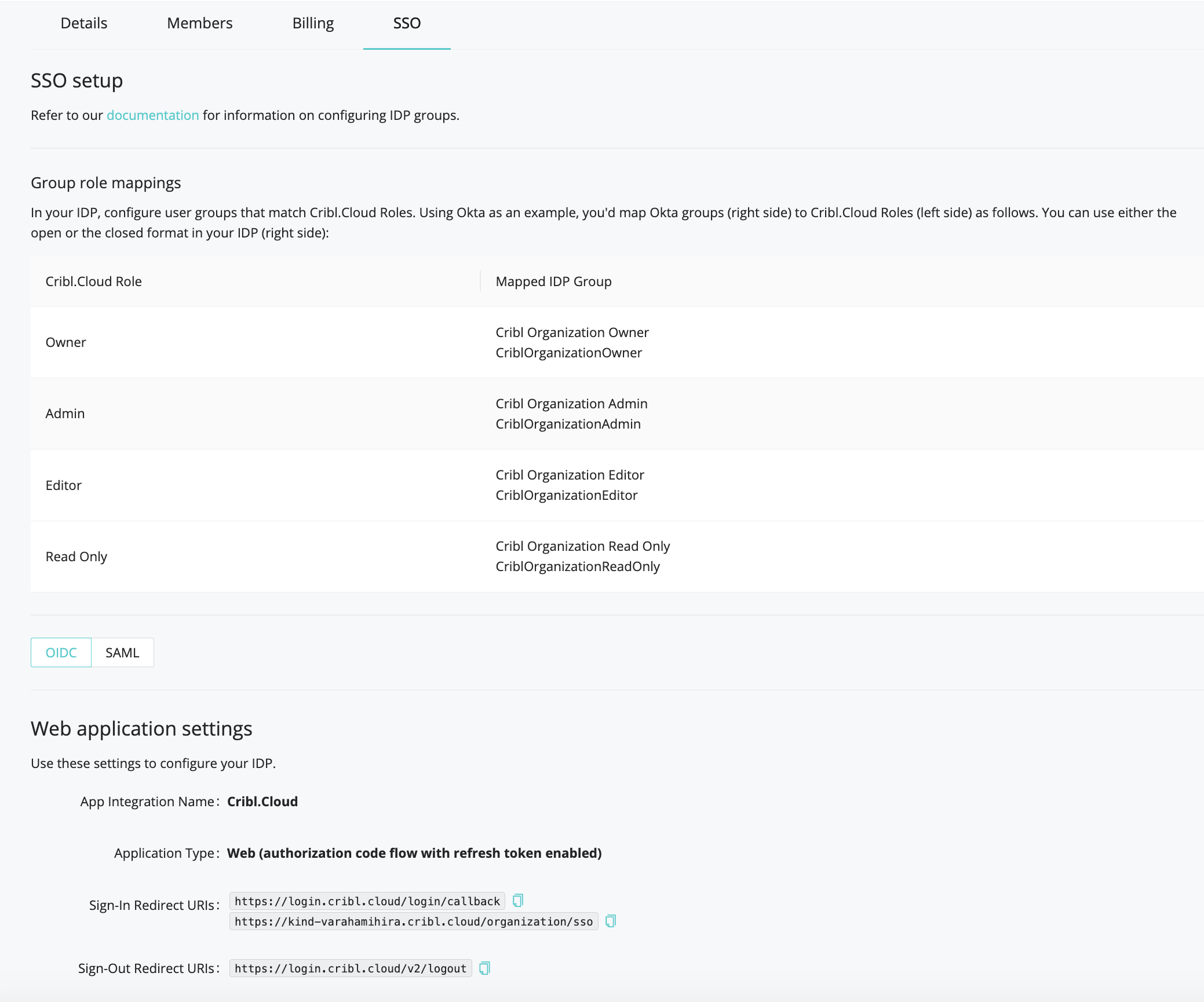 Organization page&rsquo;s SSO tab