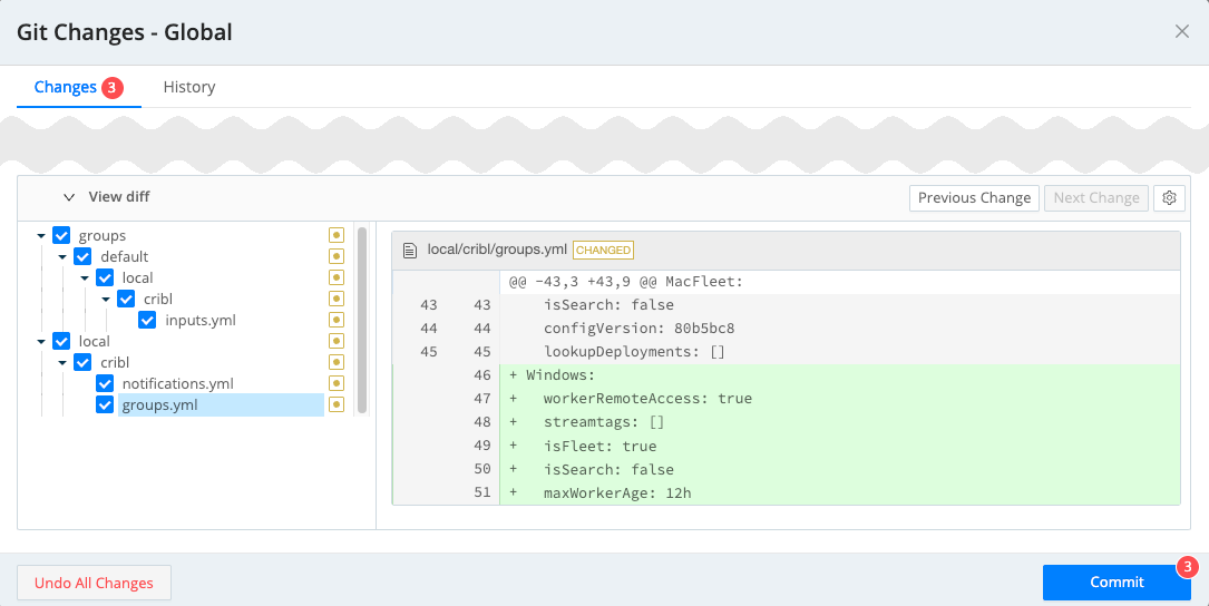 Modifications to configuration files presented as Git changes