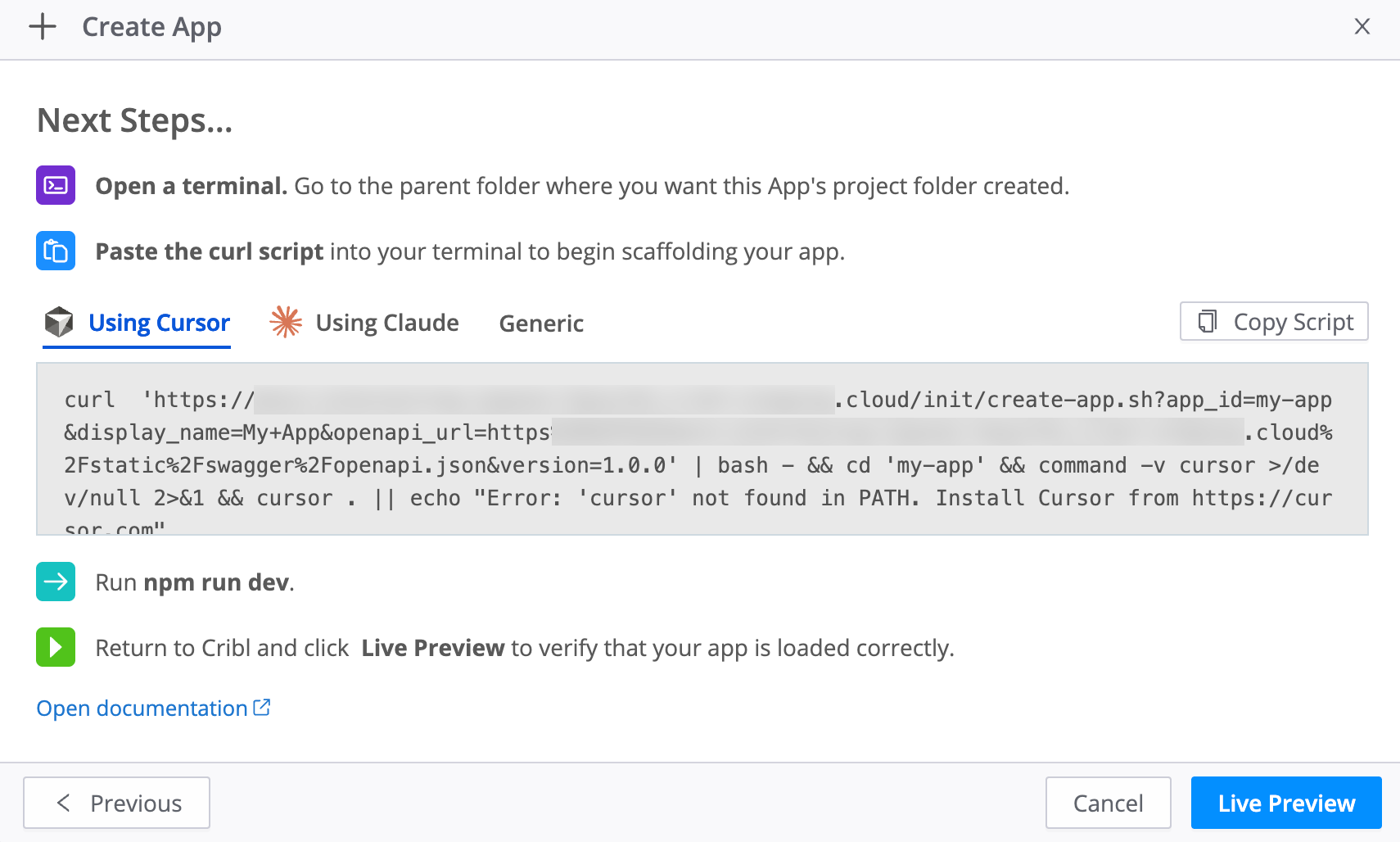 Scaffold step with tabs, Copy Script, and Live Preview
