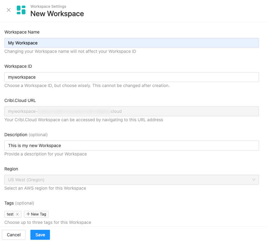Modal with form for creating Workspaces, including Workspace Name, ID, Description, Region, and Tags