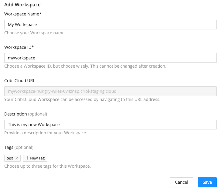 Form for creating Workspaces, including Workspace Name, ID, Description, and Tags