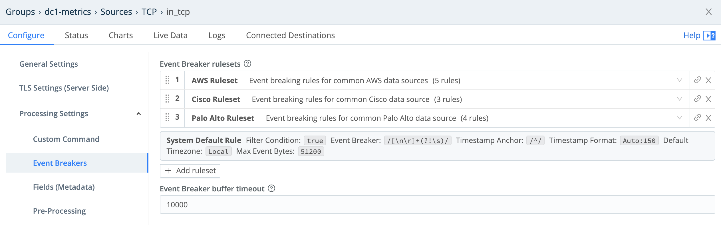 Three Event Breaker rulesets added to a Source