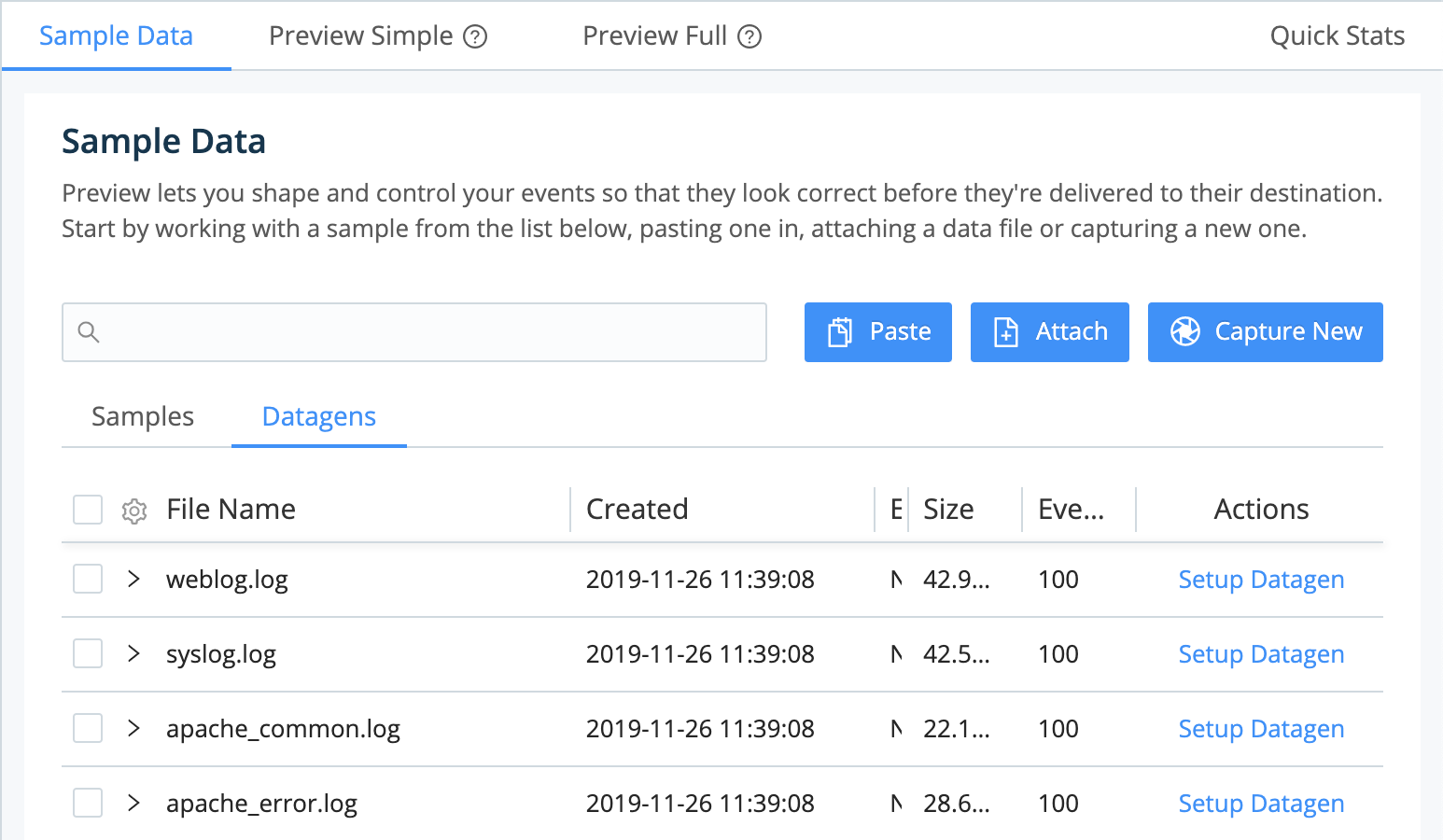 Preview pane - add samples via paste,  attach/upload file, or live capture