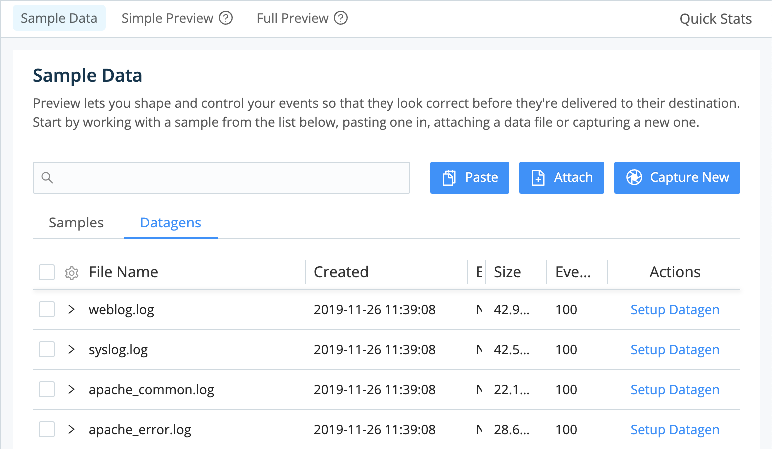 Preview pane - add samples via paste,  attach/upload file, or live capture