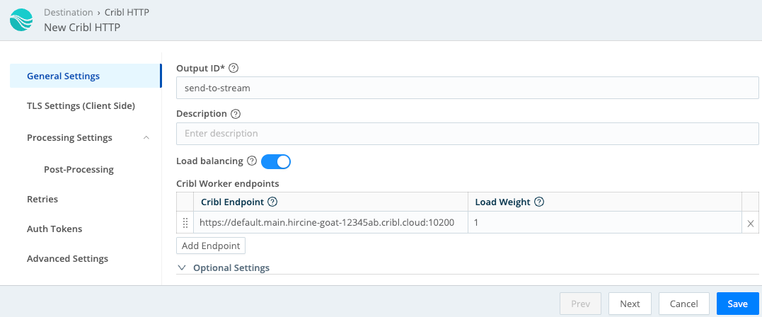 Cribl HTTP Destination configuration modal with Cribl Endpoint filled in