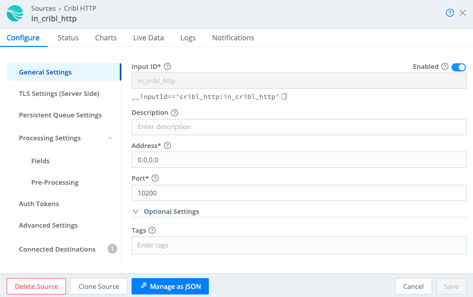 Cribl HTTP Source configuration modal with port 10200, and the Source being enabled