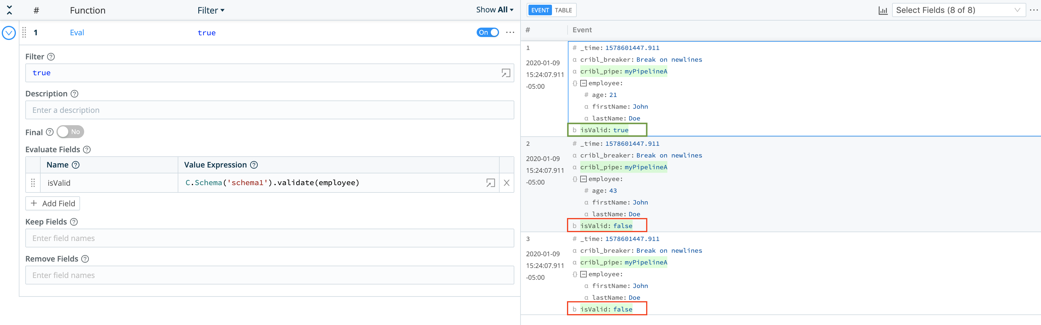 Schema validation results for the above events