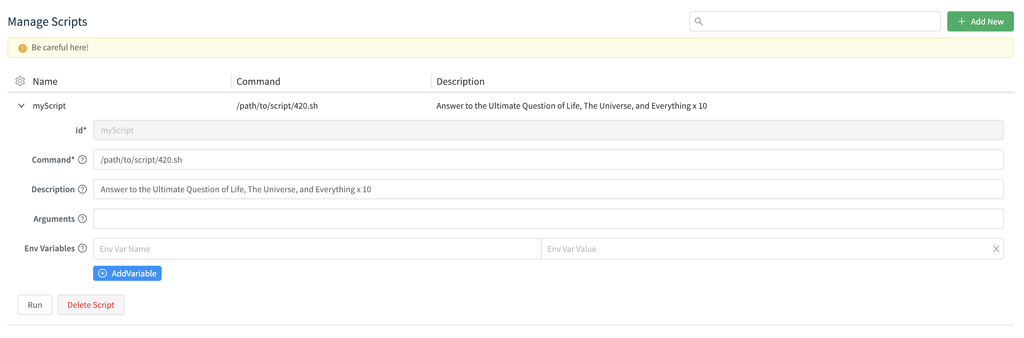 Settings > Manage Scripts page
