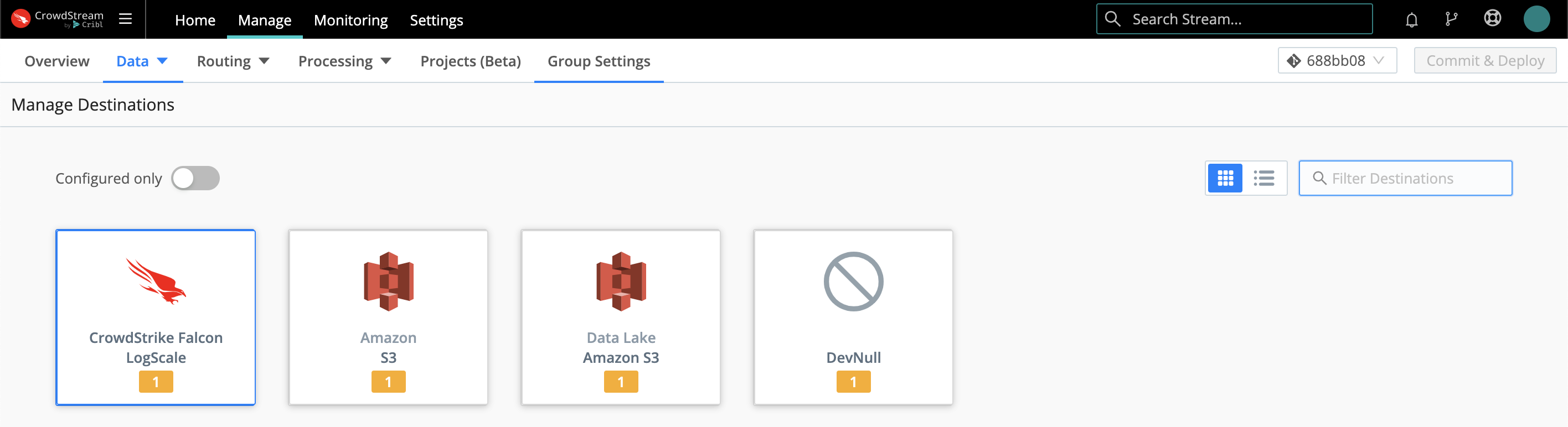 Manage Destinations page