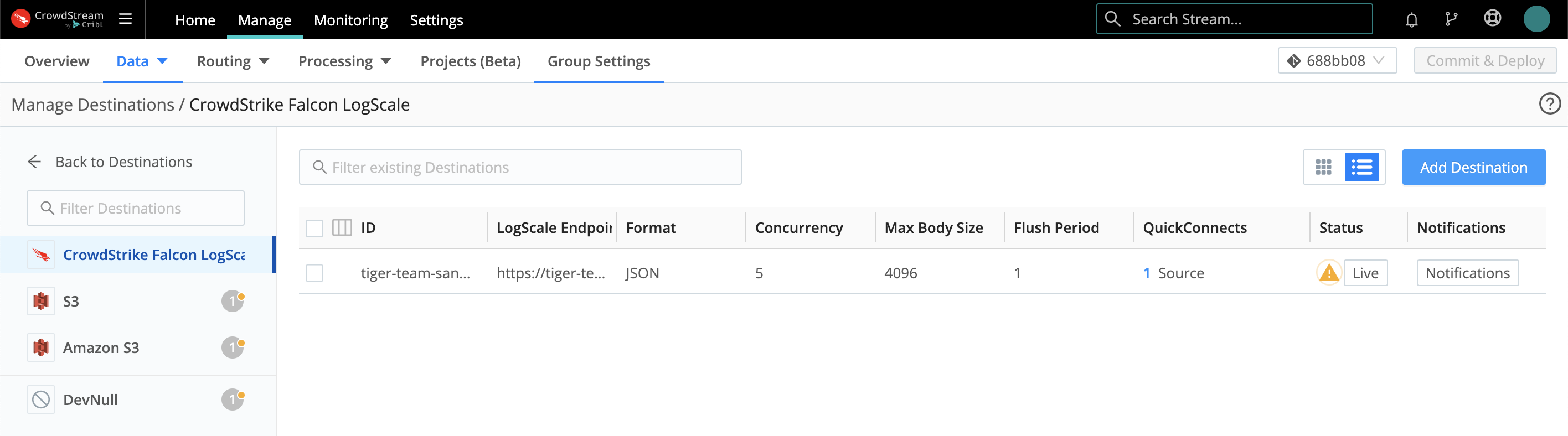 Manage LogScale Destinations UI