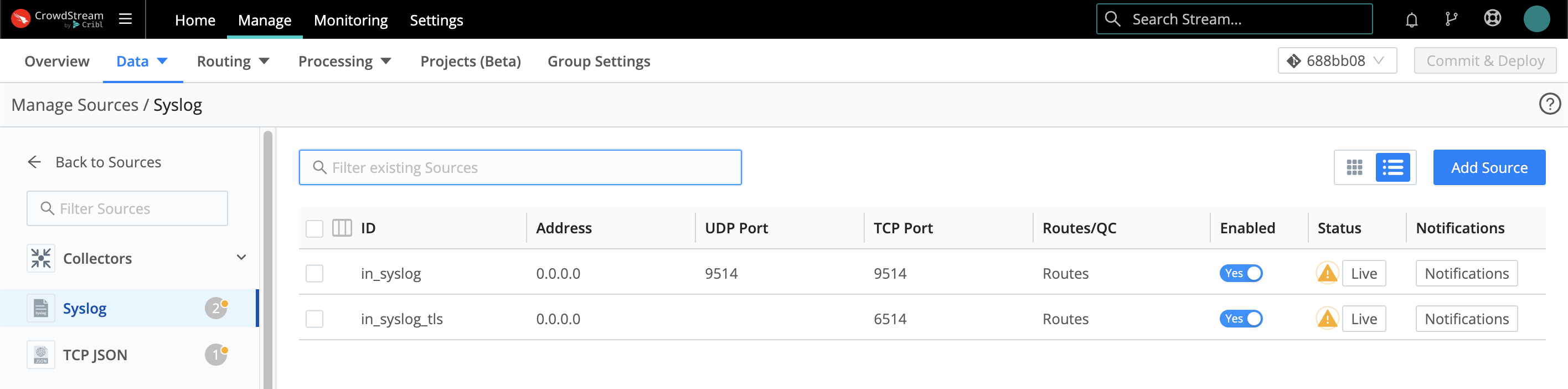 Manage Syslog Sources UI