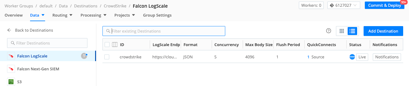 Manage LogScale Destinations UI