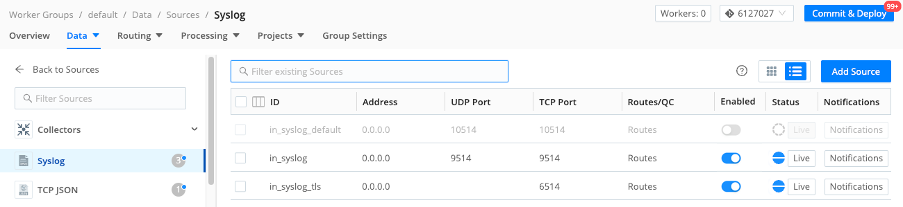 Manage Syslog Sources UI