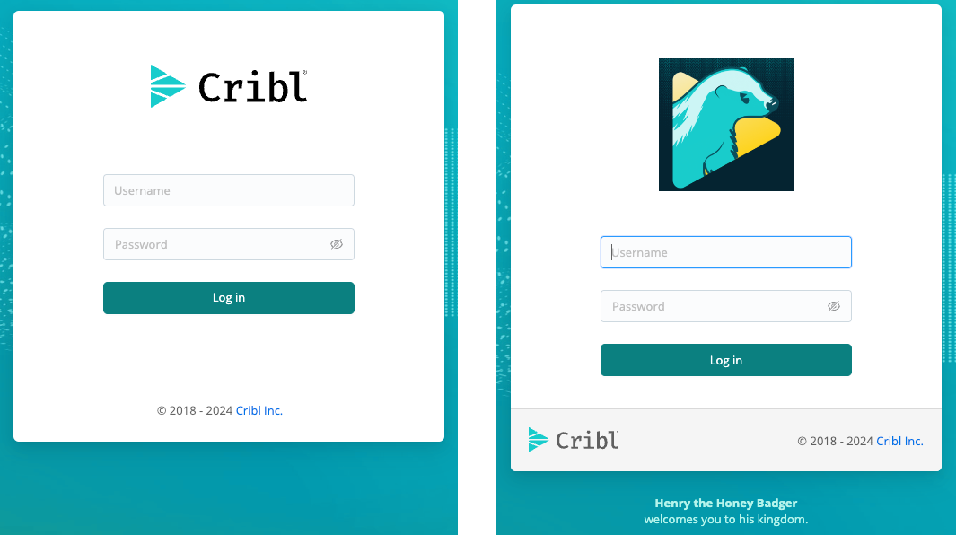 Two login pages with empty login forms: one default, with Cribl logo, and the other custom with a different logo