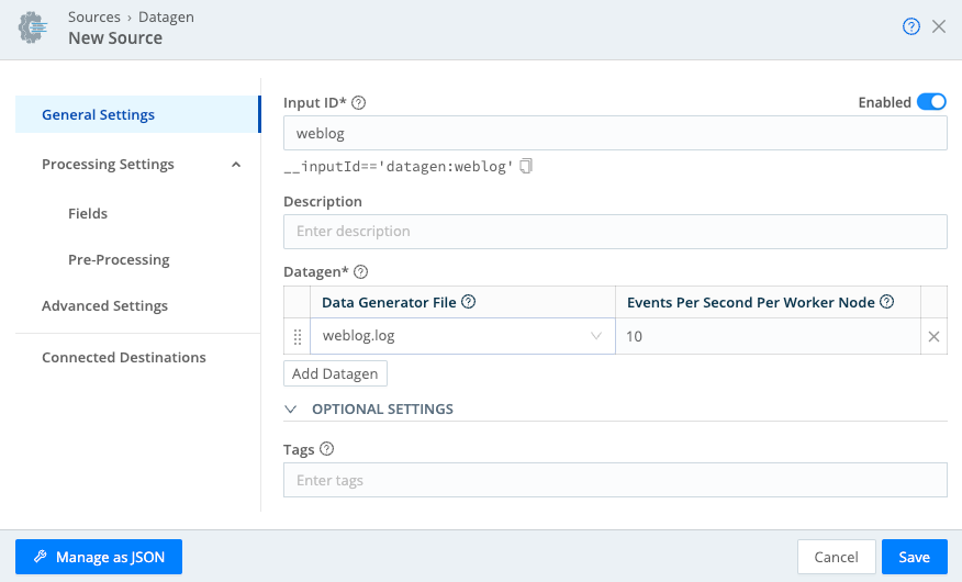 Source (Datagen) configuration