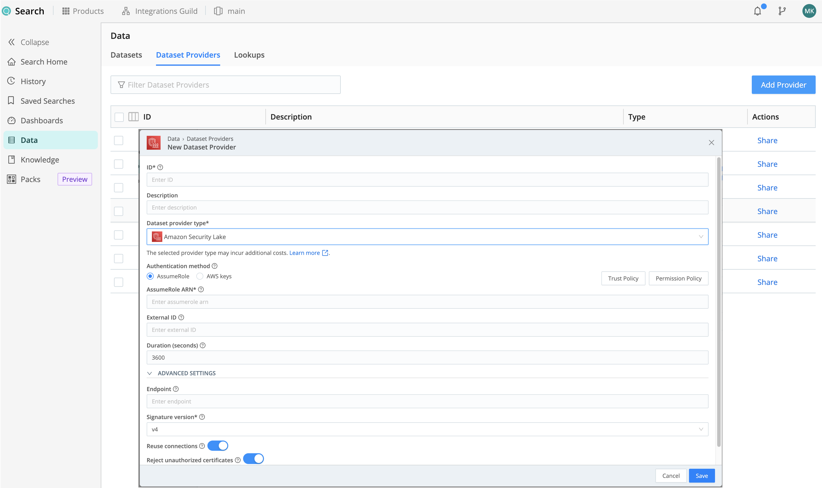 Amazon Security Lake Dataset Provider selection