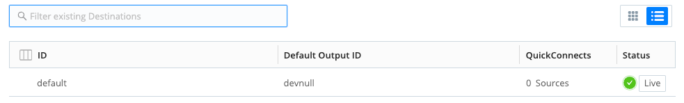 Screenshot of a Destination list with one default Destination and a Live button.