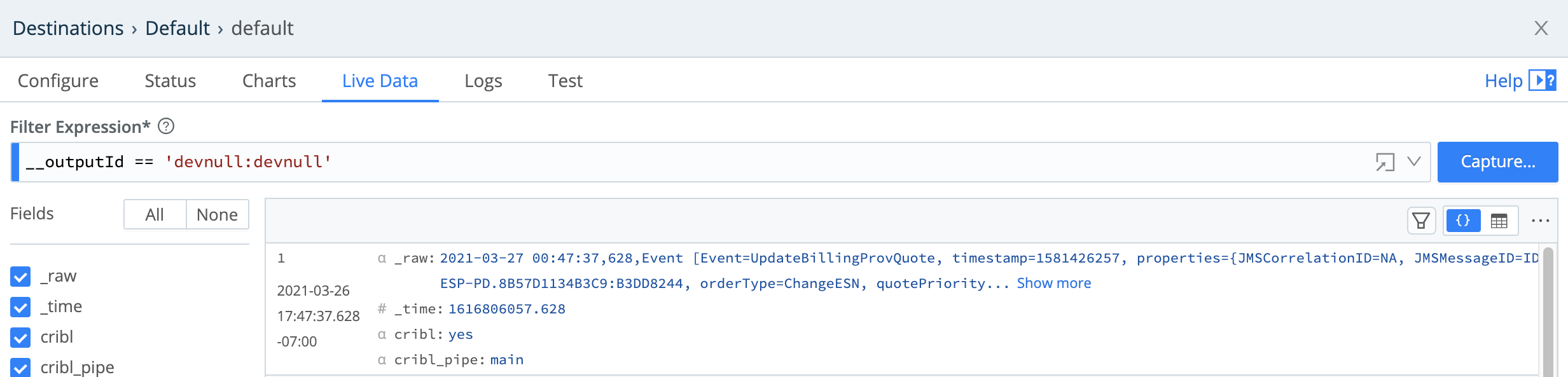 Destination modal > Live Data tab